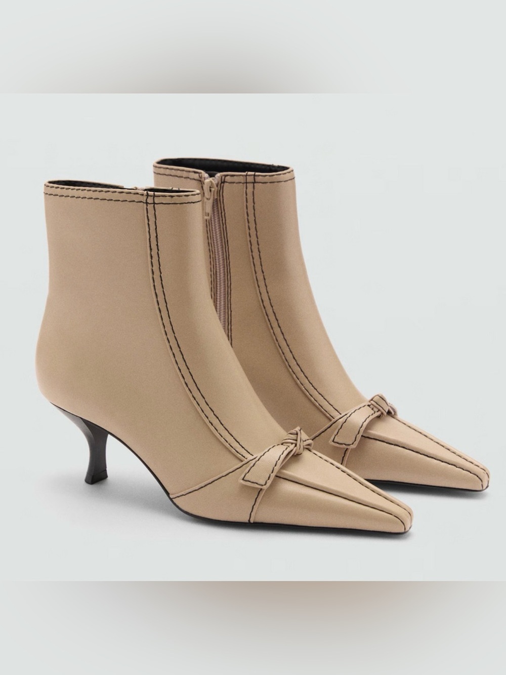 MANGO MNG ECRU LEATHER BOW DECORATIVE STITCHING KITTEN HEEL BOOTS BOOTIE 39 8.5